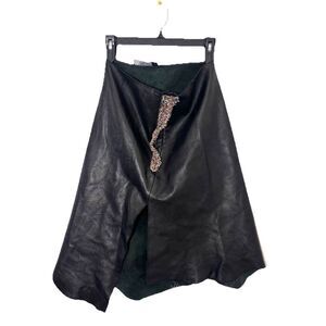 Y2K Genuine Leather Skirt Womens Asymmetric Beaded Front Slit Black Size‎ 6